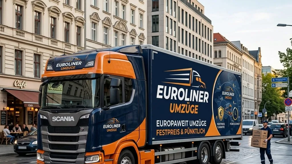 Umzugswagen von Euroliner Umzüge mit Firmenbeschriftung in einer Berliner Straße, ein Mitarbeiter trägt einen Karton zum Haus